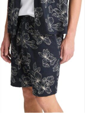 Vince Mens Navy Floral Linen Viscose Elastic Waist Shorts NWT Sz M